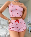 Pembe Kiraz Desenli Askılı Şortlu Pijama