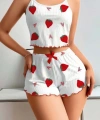 Penye Kumaş Çilek Desen Beyaz Şortlu Takım