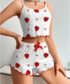 Penye Kumaş Çilek Desen Beyaz Şortlu Takım