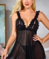 Siyah Fırfırlı Göğüs Dekolteli Transparan Fantezi Tül Gecelik