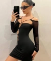 Siyah Göğüs Dekolteli İp Detaylı Mini Club Elbisesi