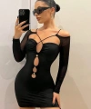 Siyah Göğüs Dekolteli İp Detaylı Mini Club Elbisesi