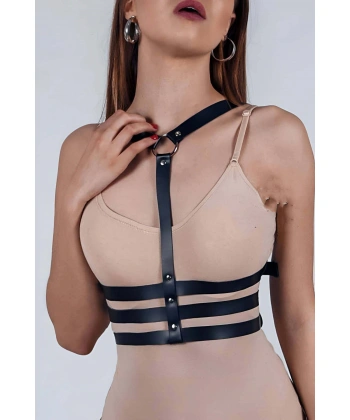 Bayan İç Giyim - Kadın Fantazi Giyim Modelleri - Deri Boyun Göbek Harness - Brf583