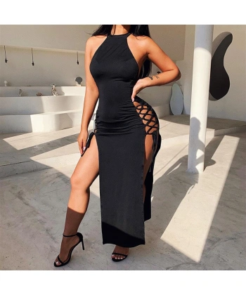 Beruflic Bayan Yandan Bağlı Yırbrfaçlı Siyah Elbise