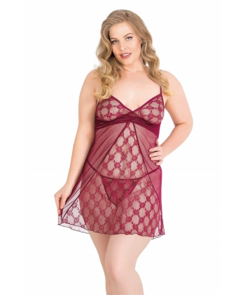 Beruflic  Büyük Beden Bordo Kısa Tül Gecelik