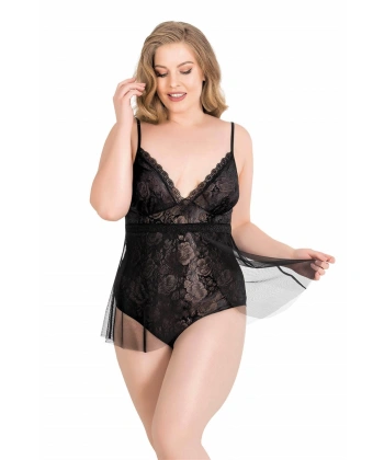 Beruflic  Büyük Beden Siyah Bodysuit Jakarlı Gecelik