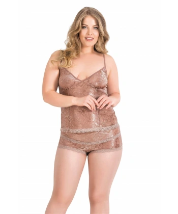 Beruflic  Büyük Beden Vizon Jakarlı Babydoll Şort Takımı