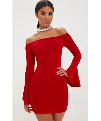 Beruflic Kırmızı İspanyol Kol Dar Elbise