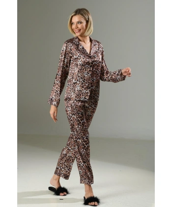 Beruflic Leopar Desen Yumuşak Dokulu Saten Gecelik Takımı