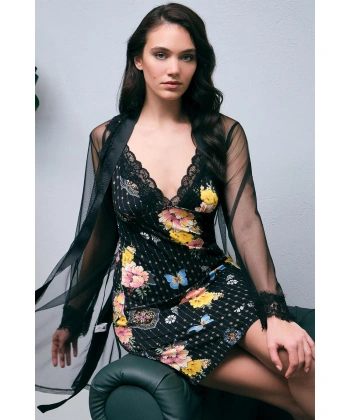 Beruflic Tül Sabahlık Ve Viskon Çiçek Baskılı Dantelli Kısa Gecelik Takım