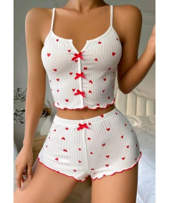 Beyaz Fiyonk Desenli Kalpli Askılı Şortlu Pijama Takım
