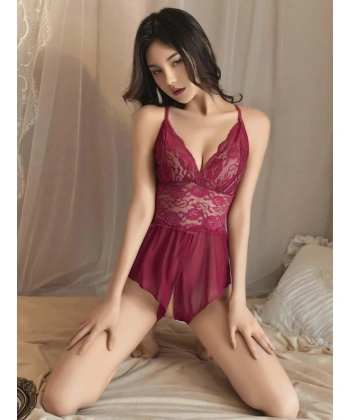 Bordo Özel Bölgesi Açık Dantel İşlemeli Fantezi Body
