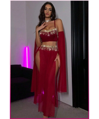 Bordo Pul Aksesuarlı Tül Etekli Kadın Seksi Gecelik