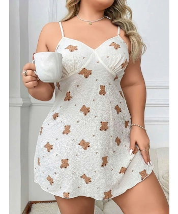 Büyük Beden Ayıcık Desenli Pamuklu İnce Askılı Mini Gecelik