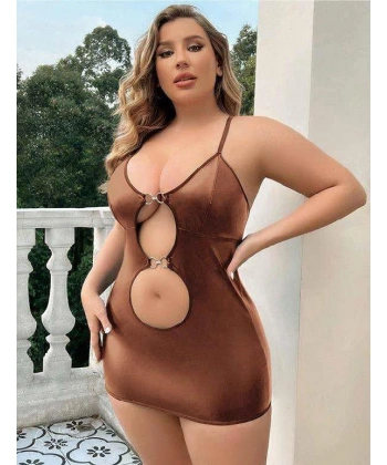 Büyük Beden Kahverengi Deri Metal Aksesuarlı Fantezi Elbise