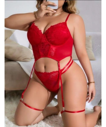 Büyük Beden Kırmızı Dantel İşlemeli Büstiyer Fantezi Jartiyer Takımı