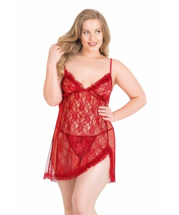 Büyük Beden Kırmızı Kısa Tül Gecelik