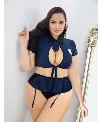 Büyük Beden Lacivert Göğüs Detay Büstiyerli Kravatlı Mini Etekli Fantezi Polis Kostümü