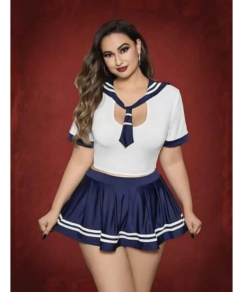 Büyük Beden Lacivert Mini Etekli Fantezi Denizci Kostümü