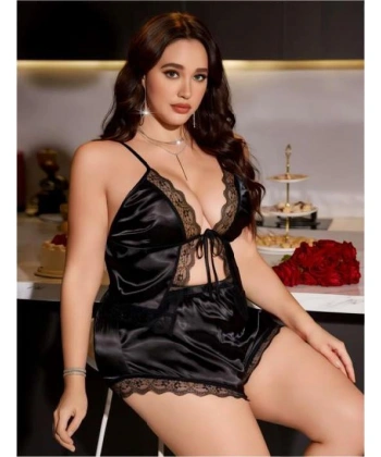 Büyük Beden Siyah Dantel İşlemeli Saten Şortlu Takım