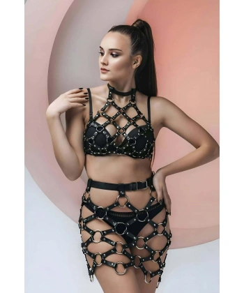 Çapraz Bağlı Crop Ve Etek Deri Fantazi Takım - Brf1289