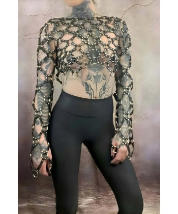 Çapraz Tasarım Uzun Kollu Deri Crop Bağlamalı Büstiyer Harness- Brf1076