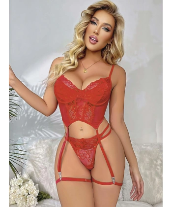 Dantel Transparan Kırmızı Badysuit 4lü Takım 7003