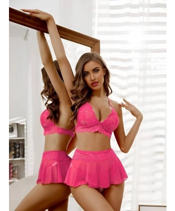 Dantel Ve Tül Detaylı Seksi Kadın Fantezi Gecelik Takımı