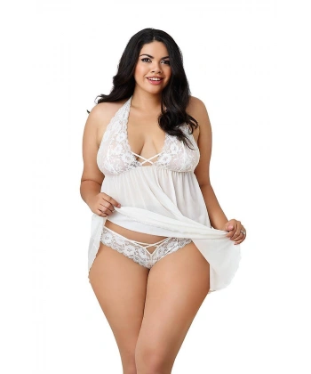 Dantelli Beyaz Büyük Beden Gecelik Brf1273