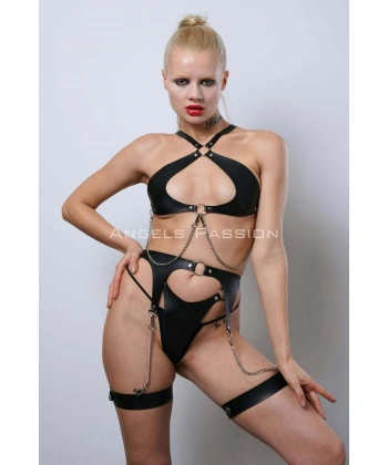 Deri Fantezi İç Giyim Takım, Şık Deri Harness Set, Club Wear - Apft1330