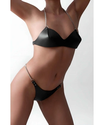 Deri Sütyen Takım, Fantezi Deri Ve Zincir Detaylı Sütyen Tanga Takım - Brf1169