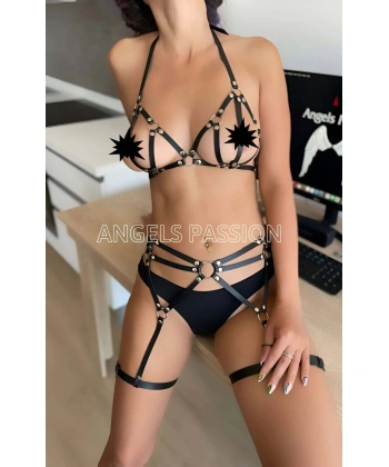 Fantezi Deri Giyim Siyah Harness Jartiyer Takım - Brf547