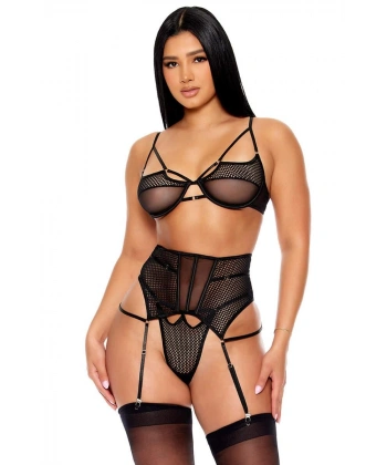 Fantezi File Tül Detaylı Siyah Jartiyer  Takım