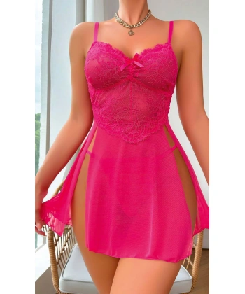 Fuşya Dantel İşlemeli Transparan Fantezi Tül Gecelik