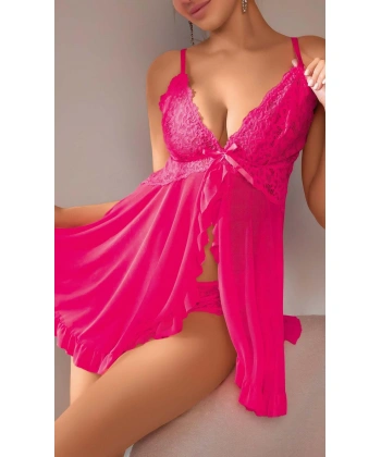 Fuşya Dantel İşlemeli Yırtmaçlı Transparan Fantezi Tül Gecelik