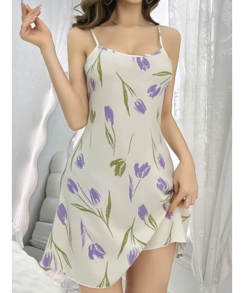 Kadın Beyaz Çiçekli Desenli Askılı Gecelik 5109