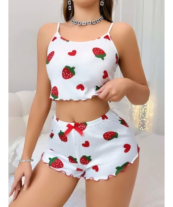 Kadın Beyaz Çilek Desenli Şortlu Pijama Takımı 5053