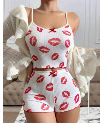 Kadın Beyaz Dudak Desenli Seksi Gecelik Takım 6642