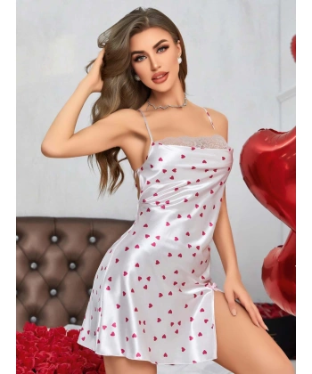 Kadın Beyaz Fuşya Kalp Desenli Saten Gecelik 2219