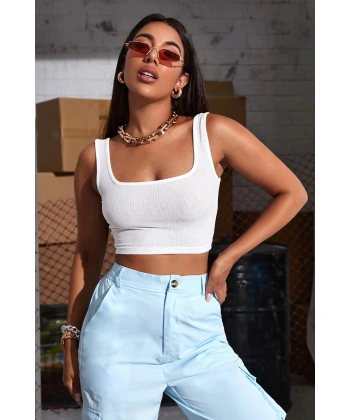 Kadın Beyaz Kalın Askılı Crop Top Büstiyer