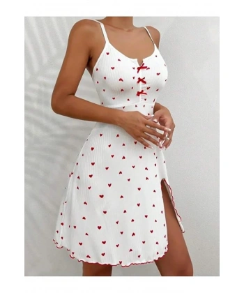 Kadın Beyaz Kırmızı Kalp Desenli Askılı  Elbise 5066