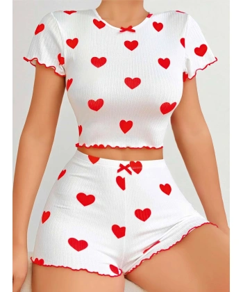 Kadın Beyaz Kırmızı Kalp Desenli Şortlu Gecelik Takım 5023