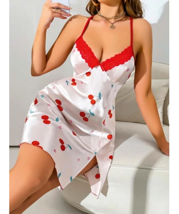 Kadın Beyaz Kırmızı Kiraz Desenli Saten Gecelik 2230