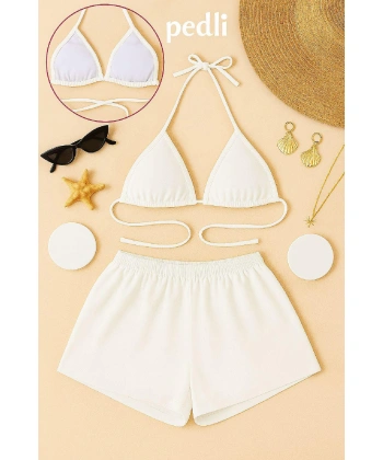 Kadın Beyaz Şortlu Belden Ve Boyundan Bağlamalı Bikini Takımı