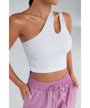 Kadın Beyaz Tek Omuz Cut Out Detaylı Crop Top Bluz