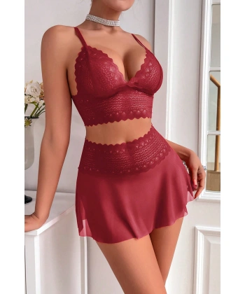 Kadın Bordo Dantel Ve Tül Detaylı Etekli Şık Gecelik Takımı