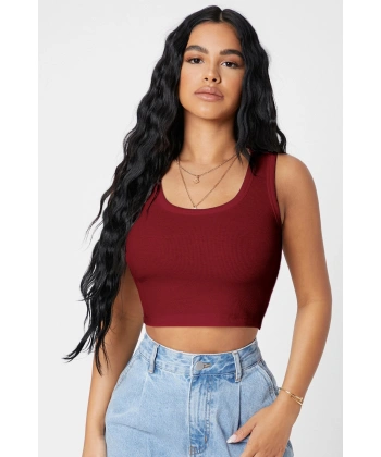 Kadın Bordo Kare Yaka Crop Top Bluz