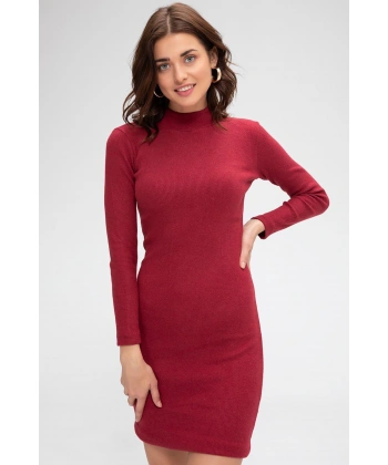 Kadın Bordo Kaşkorse Balıkçı Yaka Uzun Kollu Bodycon Mini Elbise