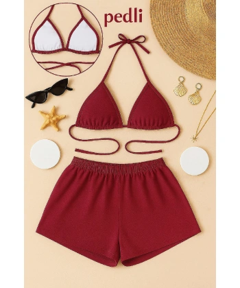 Kadın Bordo Şortlu Belden Ve Boyundan Bağlamalı Bikini Takımı
