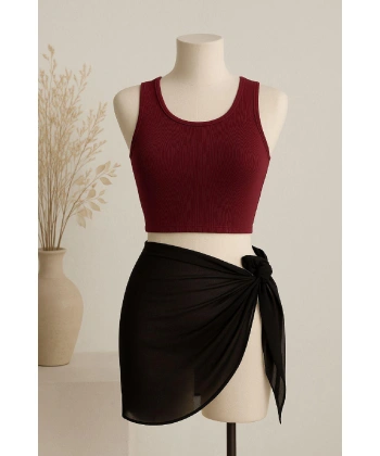 Kadın Bordo Yuvarlak Yaka Crop Ve Siyah Pareo 2li Set